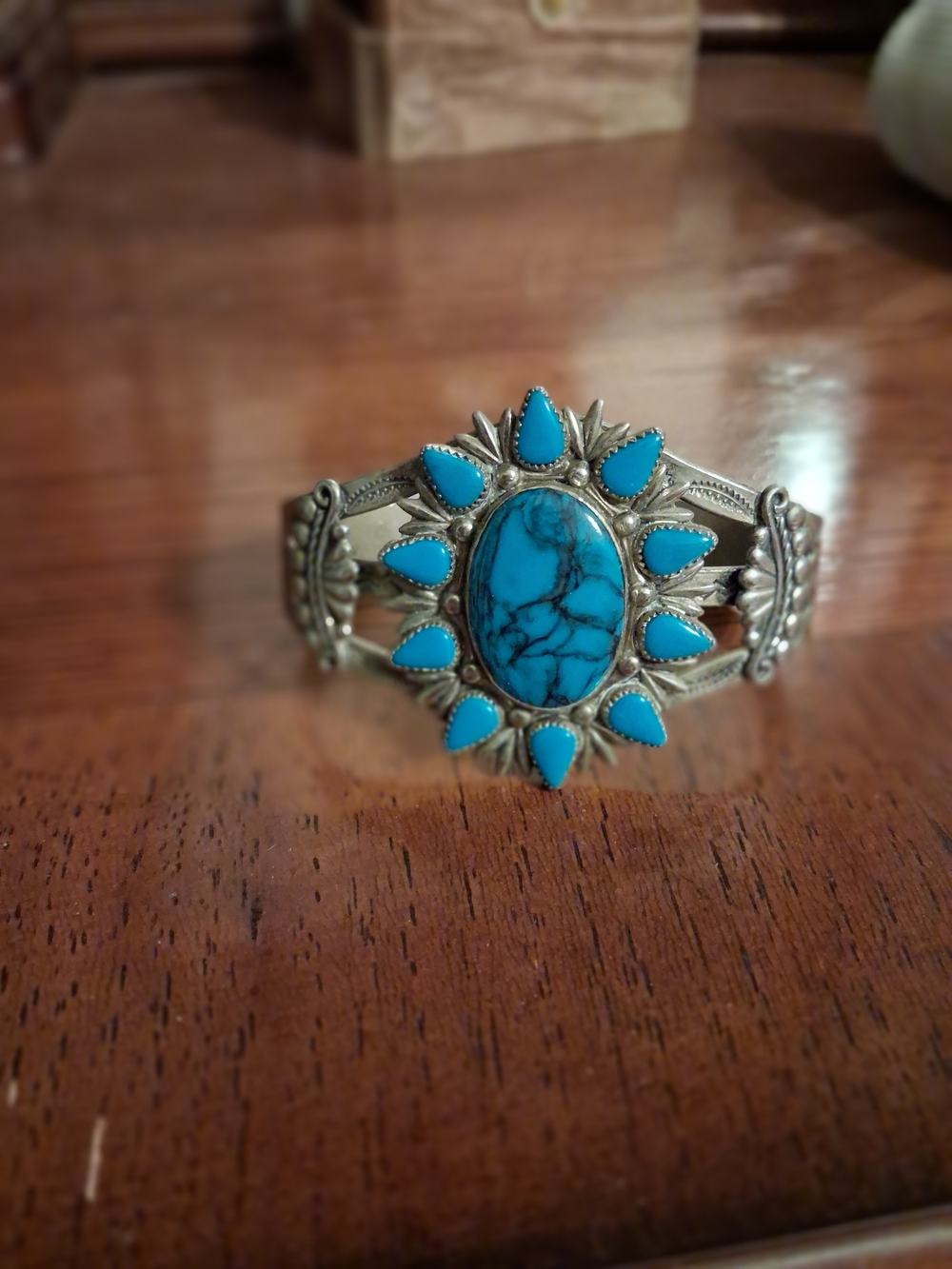Handcrafted Turquoise Sunburst Cuff Bracelet - Blue